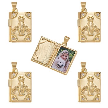 5Pcs Rack Plating Brass Micro Pave Clear Cubic Zirconia Locket Pendants, Cadmium Free & Lead Free, Religion, Rectangle with Virgin Mary, Real 18K Gold Plated, 23x15x5mm, Hole: 4x3.5mm, Inner Diameter: 18x11mm