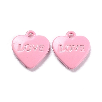Heart Alloy Spray Painted Charms, Word LOVE, Pink, 12x11.5x2.5mm, Hole: 1.4mm