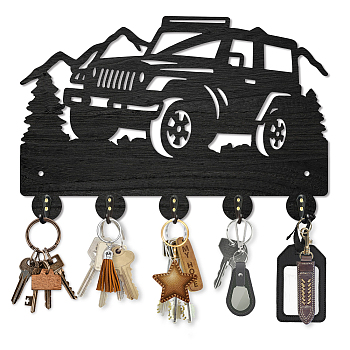 Wood & Iron Wall Mounted Hook Hangers, Decorative Organizer Rack, with 2Pcs Screws, 5 Hooks for Bag Clothes Key Scarf Hanging Holder, Car, 200x300x7mm.