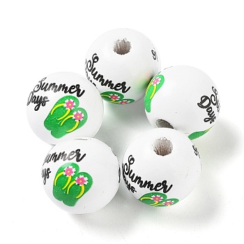 Summer Theme Printed Wood European Beads, Large Hole Slipper Print Round Beads, Lime Green, 16mm, Hole: 4mm