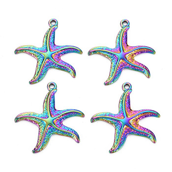 201 Stainless Steel Pendants, Starfish, Rainbow Color, 38x35x3mm, Hole: 2.5mm