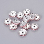 Brass Rhinestone Spacer Beads, Grade A, Wavy Edge, Silver Color Plated, Rondelle, Light Rose, 12x4mm, Hole: 2.5mm(X-RB-A014-L12mm-27S)