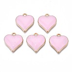 Alloy Enamel Pendants, Cadmium Free & Nickel Free & Lead Free, Light Gold, Heart, Pink, 17x16x3mm, Hole: 1.6mm(ENAM-N054-73E)