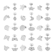 30Pcs 15 Style 304 Stainless Steel Textured Stud Earrings Findings with Hole, Star & Kite & Hexagon & Trapezoid & Moon, Stainless Steel Color, 9~12.5x6~12mm, Hole: 1~1.4mm, Pin: 0.6~0.8mm, 2Pcs/style(STAS-UN0002-32)
