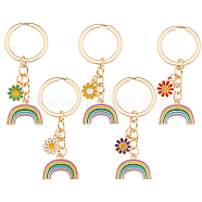 5Pcs 5 Colors Alloy Enamel Pendant Keychains, with Light Gold Plated Iron Key Rings, Rainbow & Daisy, Mixed Color, 7cm, 1 pc/color(KEYC-HY0001-01)