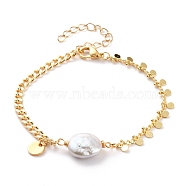 Natural Baroque Pearl Keshi Pearl Link Bracelets, with Brass Curb Chains, 304 Stainless Steel Lobster Claw Clasps and Flat Round Charms, White, Real 18K Gold Plated, 7-1/2 inch(19cm)(X-BJEW-JB05803-01)