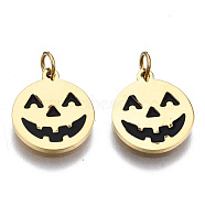 316 Surgical Stainless Steel Enamel Charms, with Jump Rings, for Halloween, Flat Round with Hollween Style Smile, Black, Real 14K Gold Plated, 11.5x9.5x1mm, Jump Ring: 3.4x0.5mm, 2.4mm inner diameter(STAS-S116-374G)