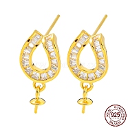 Horseshoe 925 Sterling Silver Micro Pave Clear Cubic Zirconia Stud Earring Findings, for Half Drilled Beads, with S925 Stamp, Real 18K Gold Plated, 16x8mm, Pin: 10x0.7mm and 0.6mm(STER-Q192-05G)