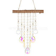 Glass Teardrop/Cone Window Hanging Suncatchers, with Wood Log Sticks and Jute Cord & Glass Octagon Pendants Decorations Ornaments, Clear AB, 512mm(HJEW-AB00155)