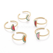 Brass Enamel Cuff Rings, Open Rings, Long-Lasting Plated, Watermelon, Golden, Mixed Color, US Size 8, Inner Diameter: 18mm(RJEW-I077-36-G)
