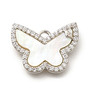 Brass Micro Pave Cubic Zirconia Pendants, with Shell Charms, Butterfly, Platinum, 12x16.5x2.5mm, Hole: 1.2mm(KK-Q035-05P)