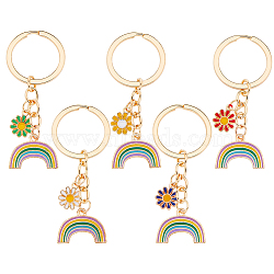 5Pcs 5 Colors Alloy Enamel Pendant Keychains, with Light Gold Plated Iron Key Rings, Rainbow & Daisy, Mixed Color, 7cm, 1 pc/color(KEYC-HY0001-01)