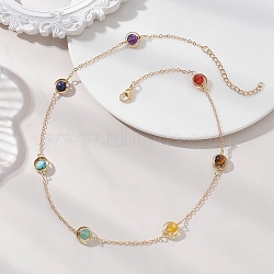 7 Chakra Natural Mixed Stone Round Beads Brass Cable Chain Necklaces, Healing Crystal Necklaces for Yoga Meditation, Golden, 17.44 inch(44.3cm)(NJEW-TA00235)