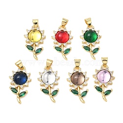Brass Micro Pave Cubic Zirconia Pendants, Flower Charms, with Glass, Long-Lasting Plated, Rack Plating, Lead Free & Cadmium Free, Real 18K Gold Plated, Mixed Color, 23x13x5mm, Hole: 5x3mm(KK-H539-12G)