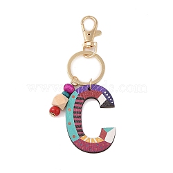 Wood Keychain, with Dye & Iron Key Ring, Letter C, 11.6~12.1cm(KEYC-S256-01C)