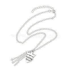 Alloy Crown with Heart Carved Word Knitting Queen Pendant Necklace, Brass Curb Chains Necklaces, Antique Silver, 18.43 inch(46.8cm)(NJEW-JN04696)