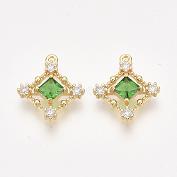 Brass Cubic Zirconia Pendants, Real 18K Gold Plated, Nickel Free, Rhombus, Green, 15.5x13.5x3mm, Hole: 1mm, Diagonal Length: 15.5mm, Side Length: 10.5mm(KK-T038-548A-NF)