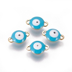 Ion Plating(IP) 304 Stainless Steel Enamel Links connectors, Flat Round with Evil Eye, Golden, Deep Sky Blue, 12x8x4mm, Hole: 1.4mm(STAS-F206-02G-B03)