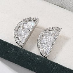 Half Round Brass Micro Pave Clear Cubic Zirconia Stud Earrings, Rack Plating, Long-Lasting Plated, Lead Free & Cadmium Free, Platinum, 15.5x7.5mm(EJEW-M077-08P)