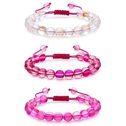 3Pcs Round Synthetic Moonstone Braided Bead Bracelets, Gemstone Jewelry for Women, Pink, Inner Diameter: 1-7/8~3-1/4 inch(4.8~8.3cm)(BJEW-SW00061-05)