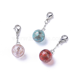 Handmade Gold Sand Lampwork Pendants, with Platinum Tone Brass Lobster Clasps, Round, Mixed Color, 37.5mm(LAMP-I020-17)