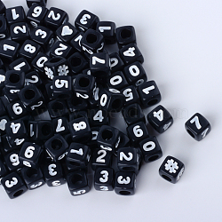 Opaque Acrylic European Beads, Large Hole Beads, Cube with Number, Black, 6.5~7x6.5~7x6.5~7mm, Hole: 4mm(X-SACR-Q126-03B)
