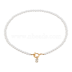 1Pc Brass Clear Cubic Zirconia Letter Pendant Necklaces, White Imitation Pearl Beaded Necklaces, with Stainless Steel Toggle Clasps, Lead Free & Nickel Free & Cadmium Free, Golden, Letter S, 17.72~18.23 inch(45~46.3cm)(NJEW-LP0001-32S)
