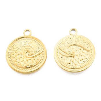 Ion Plating(IP) 201 Stainless Steel Pendants, Flat Round with Spindrift, Real 18K Gold Plated, 24x20.5x2mm, Hole: 2.5mm