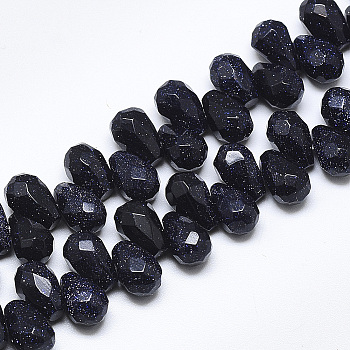 Synthetic Blue Goldstone Beads Strands, Top Drilled Beads, Faceted, Teardrop, 11.5~12x8mm, Hole: 0.8mm, about 40pcs/strand, 8.2 inch