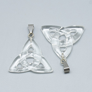 Synthetic Quartz Crystal Pendants, with Stainless Steel Snap On Bails, Trinity Knot/Triquetra, Irish, 23~40x33~38x5~7mm, Hole: 6x4mm