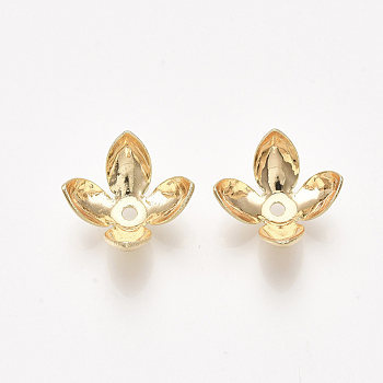 Brass Bead Caps, Real 18K Gold Plated, Nickel Free, 4-Petal, Flower, 7x12~12.5x12~12.5mm, Hole: 1.6mm