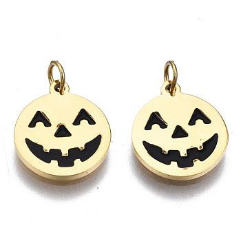 316 Surgical Stainless Steel Enamel Charms, with Jump Rings, for Halloween, Flat Round with Hollween Style Smile, Black, Real 14K Gold Plated, 11.5x9.5x1mm, Jump Ring: 3.4x0.5mm, 2.4mm inner diameter