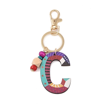 Wood Keychain, with Dye & Iron Key Ring, Letter C, 11.6~12.1cm