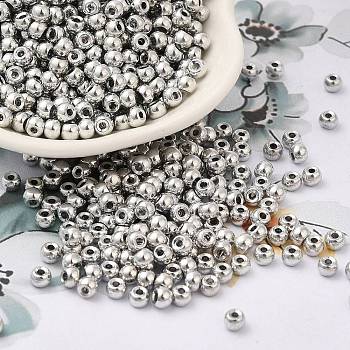 Metallic Colours Plated Glass Seed Beads, Round Hole, Round, Silver Plated, 4x3mm, Hole: 1.4mm, 7650pcs/pound