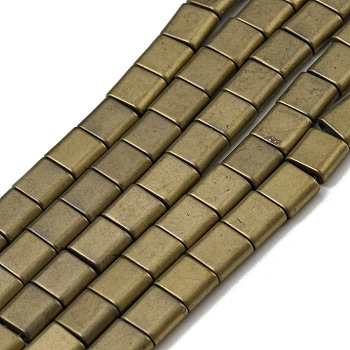 Electroplated Non-magnetic Synthetic Hematite Beads Strands, Square, Matte Style, 2-Hole, Dark Khaki, 6x6x3mm, Hole: 1.2mm, about 69pcs/strand, 15.55 inch(39.5cm)