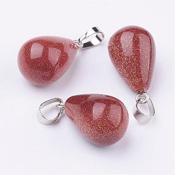 Synthetic Goldstone Pendants, with Platinum Tone Brass Findings, Drop, 24~24.5x14mm, Hole: 5x7mm