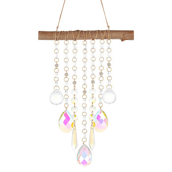 Glass Teardrop/Cone Window Hanging Suncatchers, with Wood Log Sticks and Jute Cord & Glass Octagon Pendants Decorations Ornaments, Clear AB, 512mm