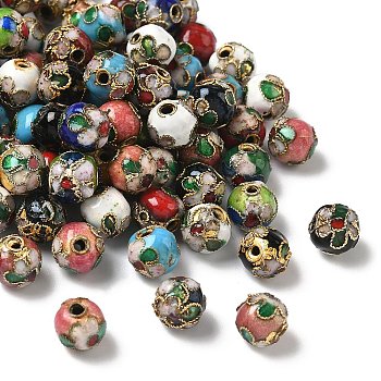 Vintage Handmade Round with Flower Pattern Cloisonne Beads, Mixed Color, 8mm, Hole: 1mm