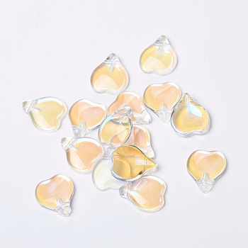 Glass Charms, Heart Shaped Petal, AB Color, Gold, 15x12x4.5mm, Hole: 1mm