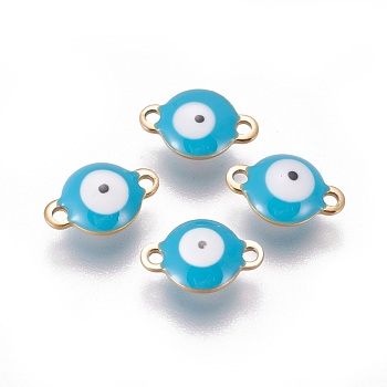 Ion Plating(IP) 304 Stainless Steel Enamel Links connectors, Flat Round with Evil Eye, Golden, Deep Sky Blue, 12x8x4mm, Hole: 1.4mm