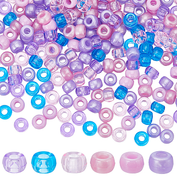 600Pcs 6 Colors Opaque & Transparent Plastic Beads, Barrel, Mixed Color, 9x6mm, Hole: 3.5~3.8mm, 100pcs/color