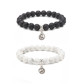 2Pcs 2 Style Natural Lava Rock & Howlite Round Beaded Stretch Bracelets Set with Alloy Yin Yang Charms, Essential Oil Gemstone Jewelry for Women, Inner Diameter: 2-1/4 inch(5.6cm), 1Pc/style