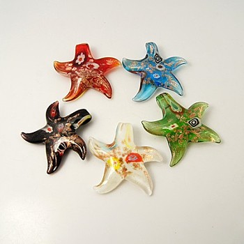 Handmade Lampwork Pendants, with Gold Sand and Millefiori, Starfish/Sea Stars, Mixed Color, 53x51x11mm, Hole: 6.5x5mm
