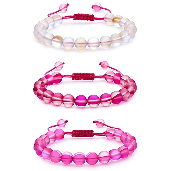 3Pcs Round Synthetic Moonstone Braided Bead Bracelets, Gemstone Jewelry for Women, Pink, Inner Diameter: 1-7/8~3-1/4 inch(4.8~8.3cm)