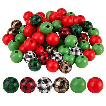 100Pcs Painted Natural Wood Beads, Plaid Beads, Round & Round with Tartan Pattern, Mixed Color, 16mm, Hole: 4mm