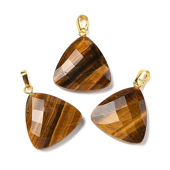 Natural Tiger Eye Pendants, with Brass Findings, Faceted, Triangle Charms, 23.5x21x6mm, Hole: 7x4mm