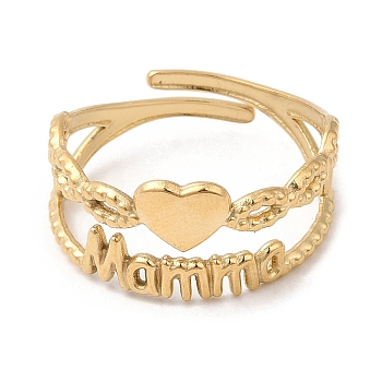 304 Stainless Steel Open Cuff Ring, Heart with Word Momma, for Mother's Day, Real 14K Gold Plated, Inner Diameter: 18mm