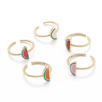 Brass Enamel Cuff Rings, Open Rings, Long-Lasting Plated, Watermelon, Golden, Mixed Color, US Size 8, Inner Diameter: 18mm