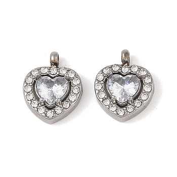 304 Stainless Steel Cubic Zirconia Pendants, with Rhinestone, Heart Charms, Clear, 12.5x10x3.5mm, Hole: 1.8mm