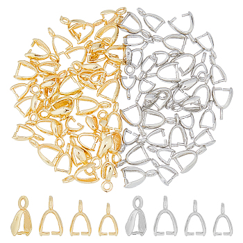 90Pcs 6 Style Rack Plating Brass Ice Pick Pinch Bails, Long-Lasting Plated, Platinum & Golden, 7.5~11x4~6.5x2~3.5mm, Hole: 1.2mm, Pin: 0.7mm